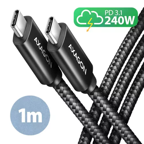 obrázek produktu AXAGON BUCM2-CM10AB, CHARGE kabel USB-C <-> USB-C, 1m, Hi-Speed USB, PD 240W 5A, ALU, oplet, černý