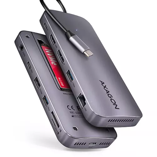 obrázek produktu AXAGON HMC-12GM2, USB 10Gbps hub, 3x USB-A, USB-C, HDMI, DP, RJ-45 GLAN, M.2, SD/mSD, audio, PD