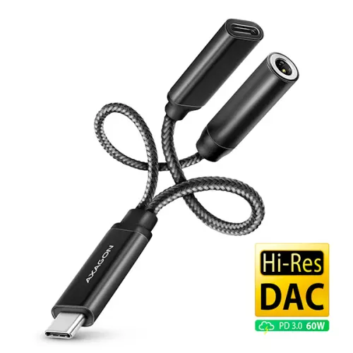obrázek produktu AXAGON ADA-HCPD, USB-C na 3.5mm jack - Hi-Res DAC audio adaptér, 384kHz/32bit, stereo, PD 60W 3A