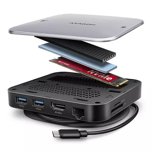 obrázek produktu AXAGON HMC-UFO, USB 10Gbps hub, 2x USB-A, USB-C, HDMI 4k/60, RJ-45, M.2 slot, SD/mSD, audio, PD
