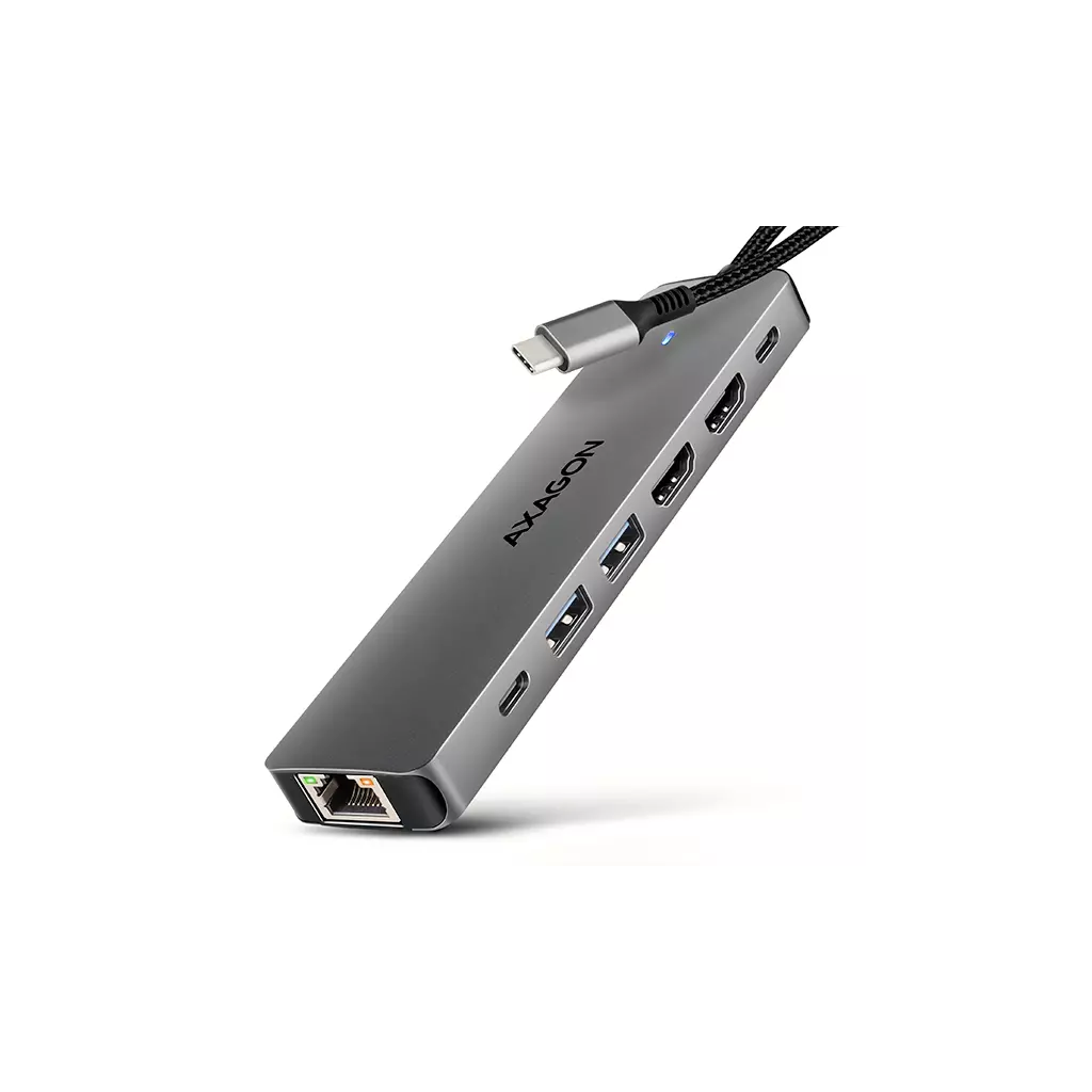 Obrázek produktu AXAGON HMC-7HX2, USB 5Gbps hub, 2x USB-A, USB-C, 2x HDMI 4k/60Hz, RJ-45 GLAN, PD 100W, kabel 15cm