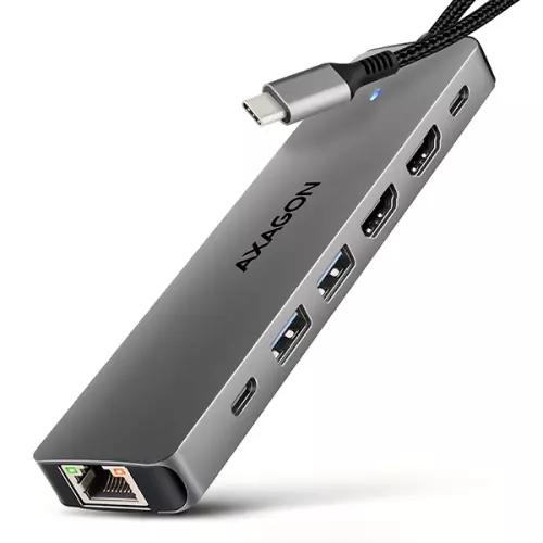 obrázek produktu AXAGON HMC-7HX2, USB 5Gbps hub, 2x USB-A, USB-C, 2x HDMI 4k/60Hz, RJ-45 GLAN, PD 100W, kabel 15cm