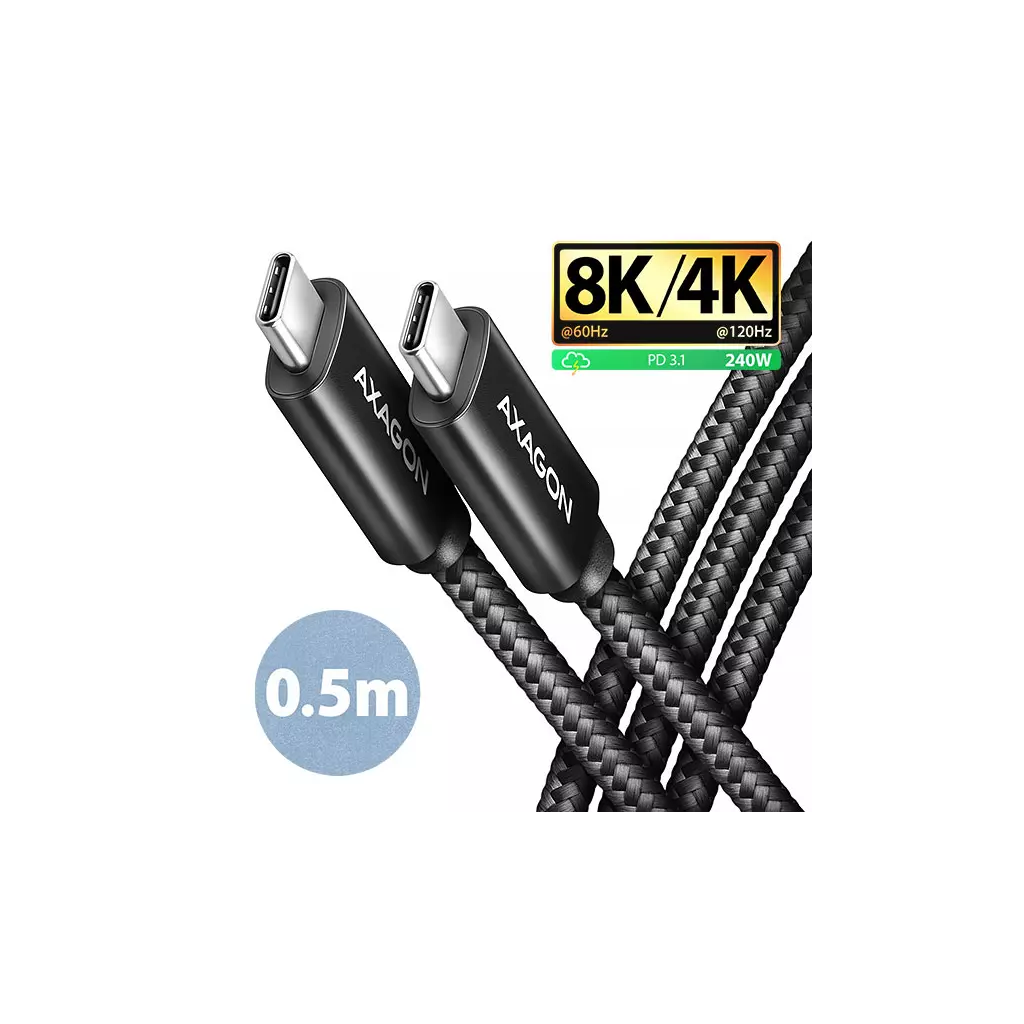Obrázek produktu AXAGON BUCM4X-CM05AB NewGEN+ kabel USB-C <-> USB-C, 0.5m, USB4 Gen 3×2, PD 240W 5A, 8K HD, ALU,oplet