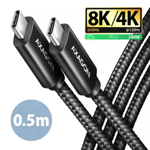 obrázek produktu AXAGON BUCM4X-CM05AB NewGEN+ kabel USB-C <-> USB-C, 0.5m, USB4 Gen 3×2, PD 240W 5A, 8K HD, ALU,oplet