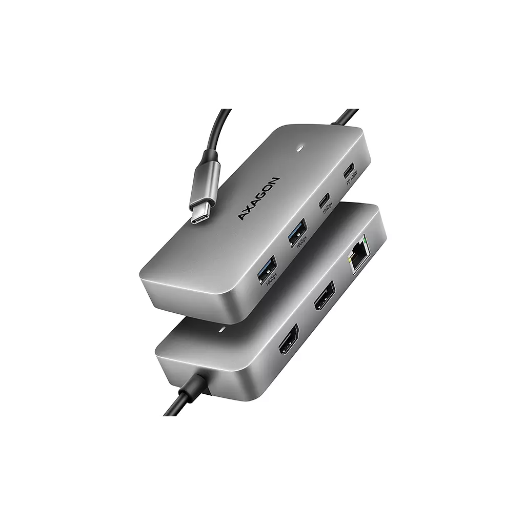 Obrázek produktu AXAGON HMC-CUB83X2, USB 10Gbps hub, 2x USB-A, USB-C, HDMI & DP 4k/144Hz, RJ-45, PD 100W, kabel 15cm