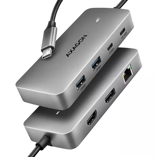 obrázek produktu AXAGON HMC-CUB83X2, USB 10Gbps hub, 2x USB-A, USB-C, HDMI & DP 4k/144Hz, RJ-45, PD 100W, kabel 15cm