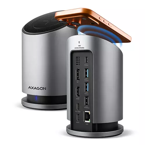 obrázek produktu AXAGON HMC-WL9, USB 10Gbps hub s Qi, 3x USB-A, USB-C, HDMI & DP 4k/60Hz, RJ-45, PD 100W, kabel 60cm
