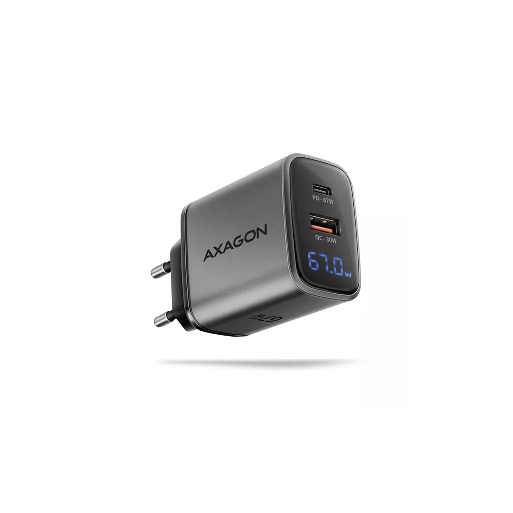 Obrázek produktu AXAGON ACU-PQ67D GaN nabíječka do sítě 67W, USB-A + USB-C, PD3.0/PPS/QC4+/SFC2.0/Apple, LCD display
