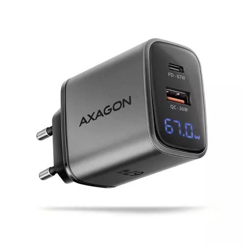 obrázek produktu AXAGON ACU-PQ67D GaN nabíječka do sítě 67W, USB-A + USB-C, PD3.0/PPS/QC4+/SFC2.0/Apple, LCD display