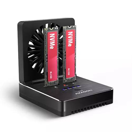 obrázek produktu AXAGON ADSA-M2C22, USB-C 20Gbps dokovací stanice pro 2× M.2 NVMe/SATA SSD s funkcí klonování