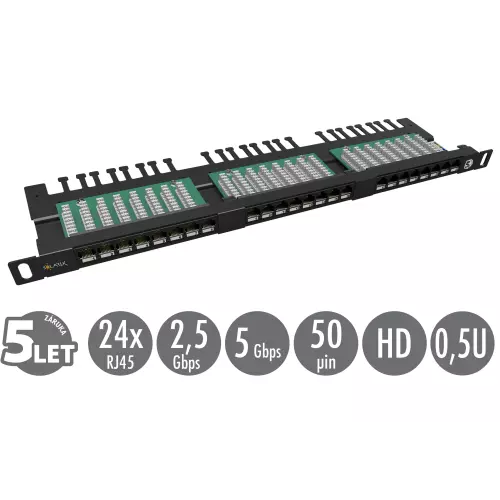 obrázek produktu 19" patch panel Solarix 24xRJ45 CAT5E UTP s vyvazovací lištou černý 0,5U SX24HD-5E-UTP-BK