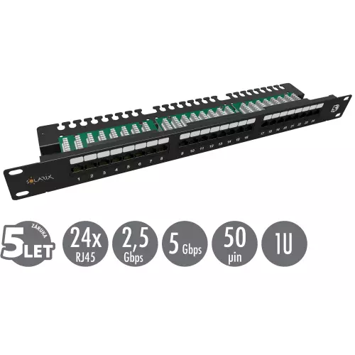 obrázek produktu 19" patch panel Solarix 24 x RJ45 CAT5E UTP s vyvazovací lištou 1U SX24L-5E-UTP-BK-N