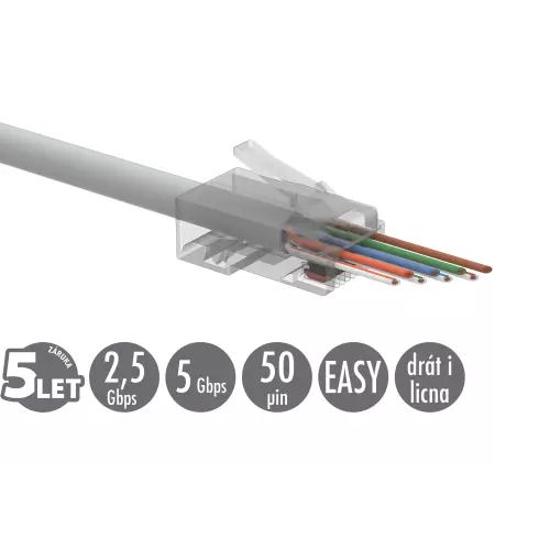 obrázek produktu Univerzální EASY konektor RJ45 CAT5E UTP 8p8c na drát i licnu SXRJ45-5E-UTP-EASY 100ks