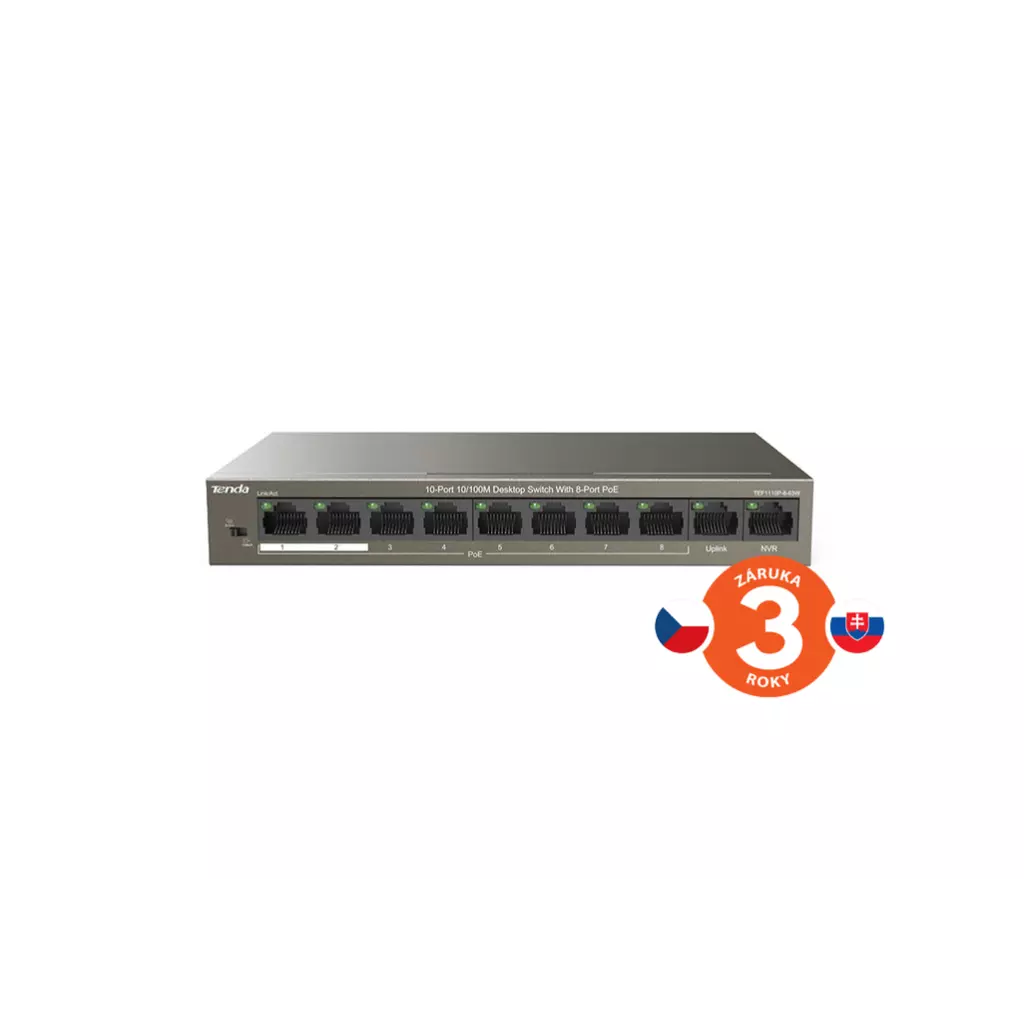 Obrázek produktu Tenda TEF1110P-8-63W PoE AT switch - 8x PoE 100 Mb/s + 2x Uplink 100 Mb/s, PoE max 63W, fanless,PoE+