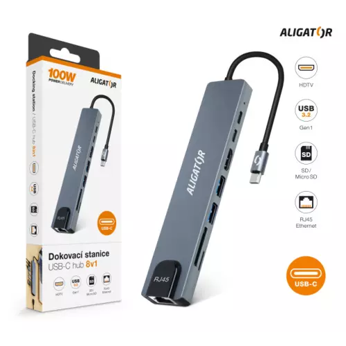 obrázek produktu Aligator Dokovací stanice USB-C / Hub 8v1 (USB-C / 2xUSB / SD / MicroSD/ HDTV / RJ45)