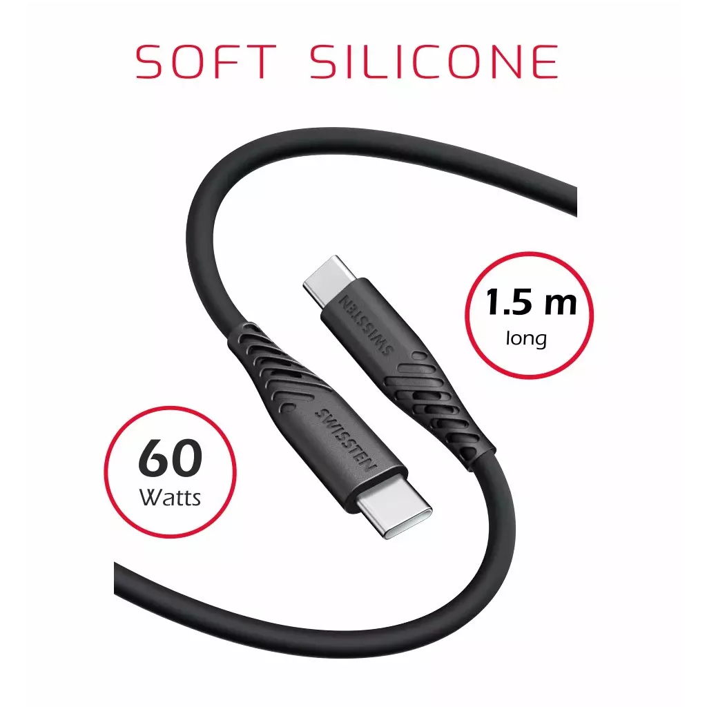 Obrázek produktu DATOVÝ KABEL SWISSTEN SOFT SILICONE USB-C / USB-C 1,5 M 60W ČERNÝ
