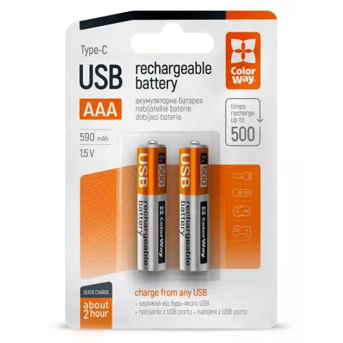 obrázek produktu Colorway nabíjecí baterie AAA 590mAh/ USB-C/ 1.5V/ 2ks v balení