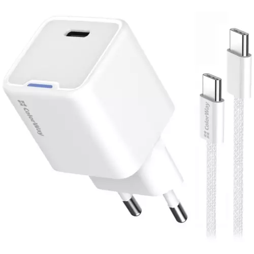 obrázek produktu ColorWay 1x USB-C/ síťová nabíječka/ GaN/ PD/ PPS/ 25W/ Včetně 100cm kabelu/ Bílá