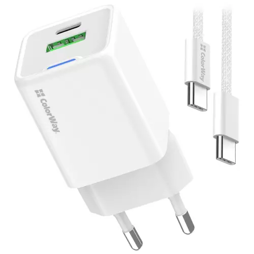 obrázek produktu ColorWay 1x USB-C/ síťová nabíječka/ GaN/ PD/ PPS/ QC/ 35W/ Včetně 100cm kabelu/ Bílá