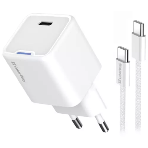 obrázek produktu ColorWay 1x USB-C/ síťová nabíječka/ GaN/ PD/ PPS/ 35W/ Včetně 100cm kabelu/ Bílá