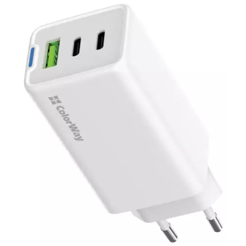 obrázek produktu ColorWay 2x USB-C, 1x USB-A/ síťová nabíječka/ GaN/ PD/ PPS/ 65W/ Bílá