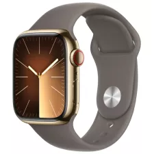 obrázek produktu Apple Watch Series 9 Cellular 41mm Zlatá ocel s jílově šedým sportovním řemínkem S/M