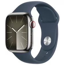 obrázek produktu Apple Watch Series 9 Cellular 41mm Stříbrná ocel s bouřkově modrým sportovním řemínkem S/M