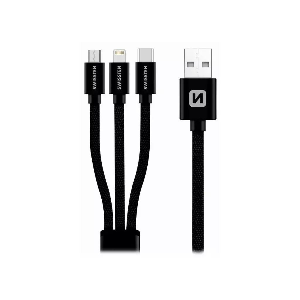 Obrázek produktu Swissten Datový kabel 3in1 MFi, 1,2 m, textilní, (micro USB, USB-C, Lightning) černý