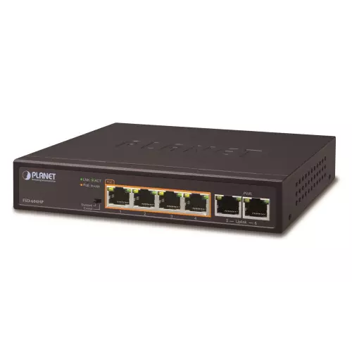 obrázek produktu Planet FSD-604HP, PoE switch 4x PoE 802.3at 60W+ 2x 100Base-TX,VLAN,extend mód 10Mb/s do 250m, fanless,ESD