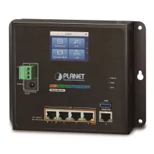 obrázek produktu Planet WGR-500-4PV, průmyslový PoE router, 1xWAN+4xLAN 1Gbps, PoE 802.3at 120W, DIN, dual 48-56VDC, -10až60°C, touch LCD
