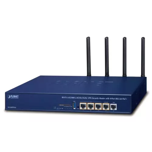 obrázek produktu Planet VR-300PW6A Enterprise router/firewall VPN/VLAN/QoS/HA/AP kontroler, 2xWAN(SD-WAN), 3xLAN, 4xPOE120W, WiFi802.11ax