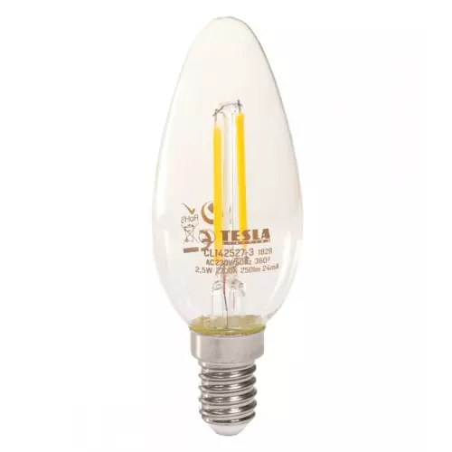 obrázek produktu TESLA LED žárovka FILAMENT RETRO svíčka/ E14/ 2,5W/ 230V/ 250lm/ 2700K/ teplá bílá/ čirá